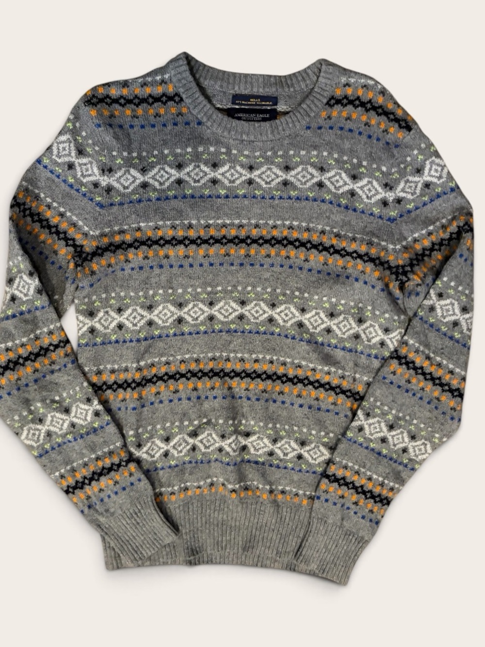 American Eagle Mens S Gray Fair Isle Sweater Rabbit Hair Nordic Athletic Fit